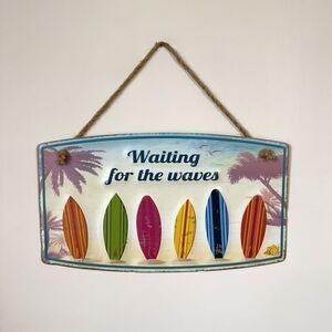 "Waiting on the Waves" Metal Surfboard Sign - Coastal Beach House Decor